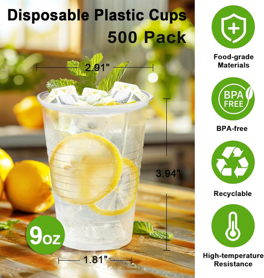 Lamosi 500 Count 9 oz Clear Plastic Cups, Disposable Cold Drinking Cups for Party, Wedding, Travel, Events