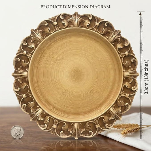 13 Inch Vintage Charger Plates Set of 6, Antique Gold Baroque Embossed Service Plates with Scalloped Edge, Rustic Decorative Underplates for Wedding, Thanksgiving & Elegant Dinner Table Decor