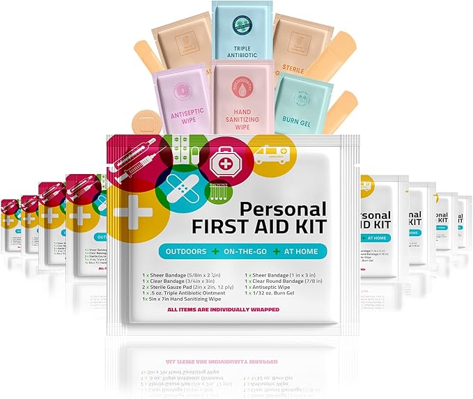 Personal First Aid Kit - Case of 60 | Clean, Treat, Protect Minor Cuts, Scrapes and Burns | Perfect for Home, Office, Car, School, Business, Camping | Individual First Aid Products (Multi-Color)…
