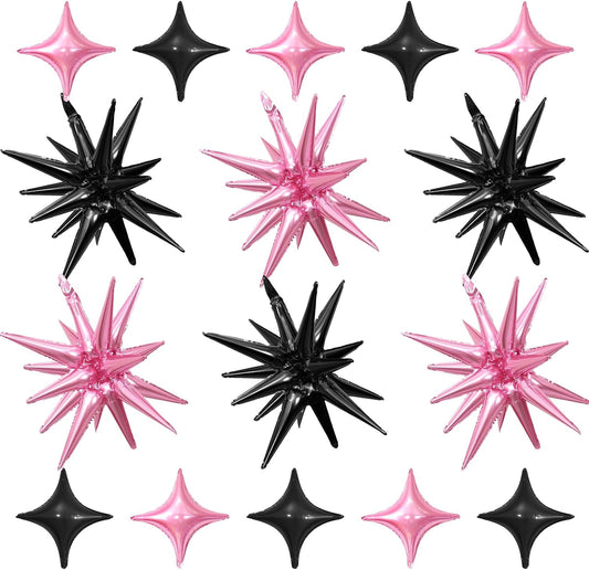 Black and Pink Star Balloon,6Pcs 22Inch Explosion Star Balloons and 10Pcs 10Inch Four Angle Balloons Kit for Birthday Anniversary Baby Shower Wedding Party Decorations