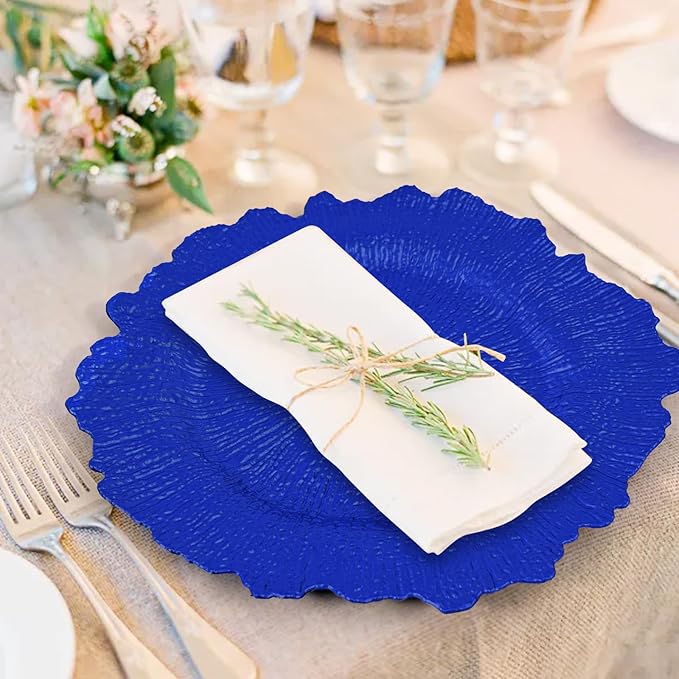24 Pcs Royal Blue Charger Plates Bulk 13 Inch Plastic Charger Plates for Dinner Plate, Royal Blue Chargers for Table Setting, Reef Design Plate Floral Decorative Round Chargers for Wedding Party Event