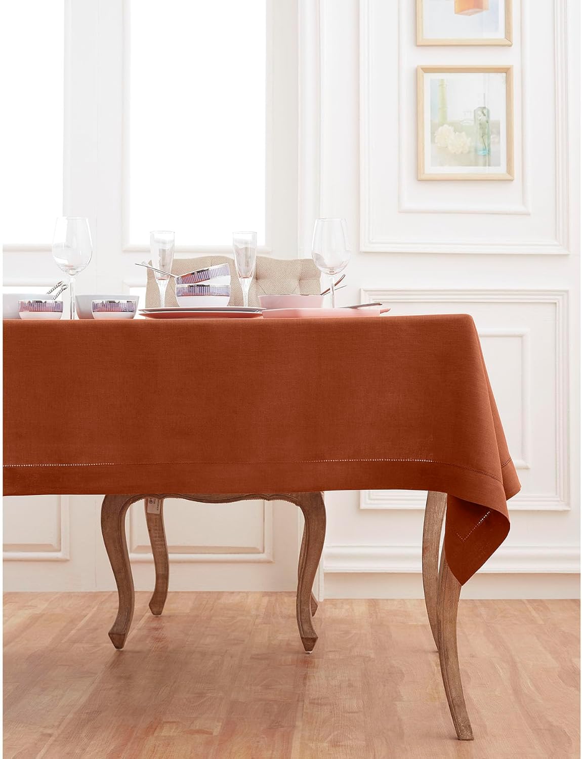 Solino Home Linen Tablecloth 60 x 156 Inch - Classic Hemstitch 100% Pure Linen Cinnamon Table Cloth for Rectangle Tables - Machine Washable Tablecloth for Fall, Autumn, Halloween, Thanksgiving