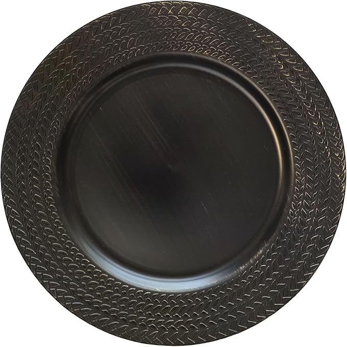 13" Antique Black Leaf Trim Round Charger Plates for Dinner, Table Chargers Plates Bulk, 6Pcs