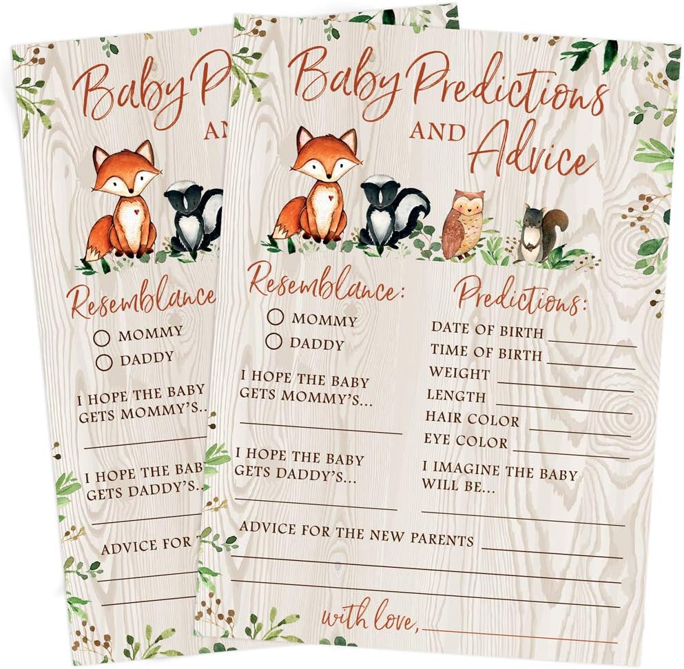 Baby Predictions & Advice for New Parents – Woodland Baby Shower Activity by Printed Party, Set of 50 Cards, Gender Neutral Forest Animals Theme
