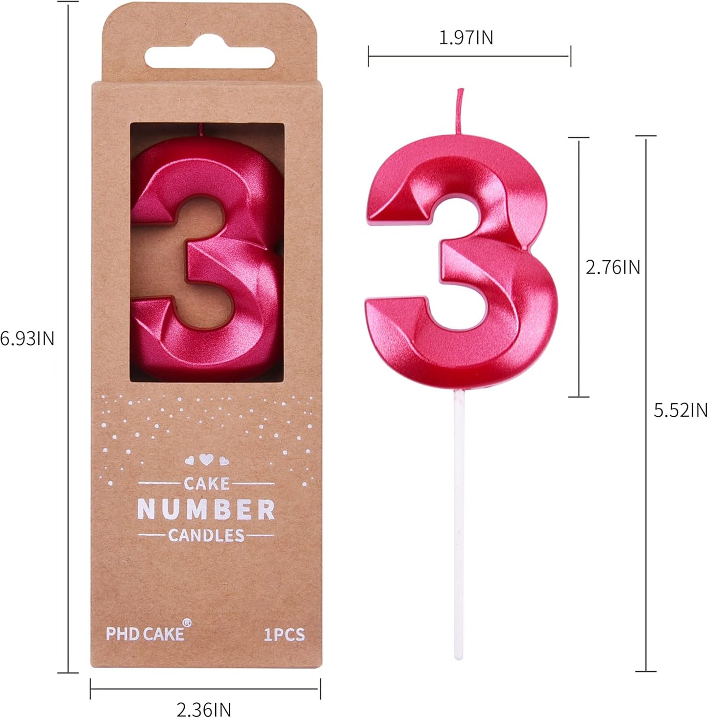 PHD CAKE 2.76 Inch Diamond Red 3 Number Birthday Candles, Red Number Candles, Cake Number Candles, Party Celebration
