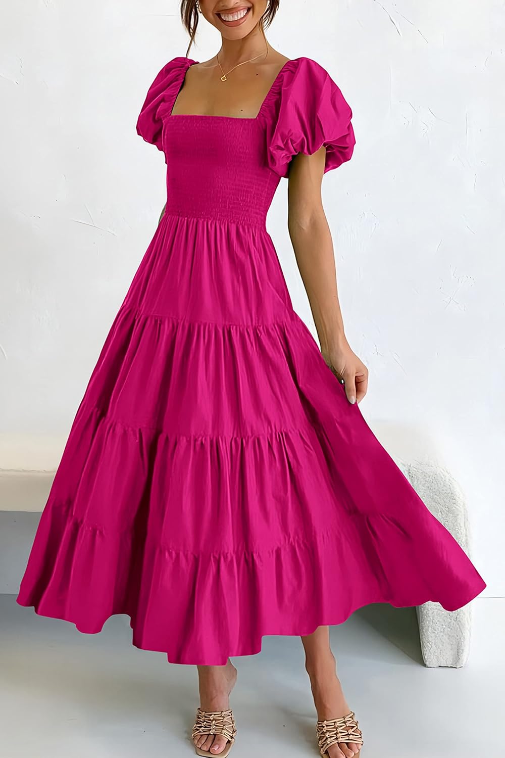 PRETTYGARDEN Women's Casual Summer Midi Dress Puffy Short Sleeve Square Neck Smocked Tiered Ruffle Dresses