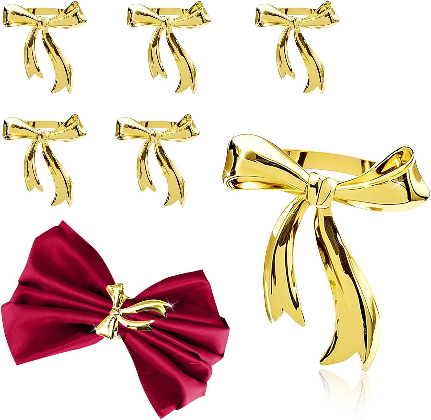 Gold Bow Napkin Rings Set of 6 Christmas Bow Tie Napkin Rings for Xmas Wedding New Year Banquet Decor,Shiny Metal Bow Knot Napkin Ring Holders for Holiday Birthday Anniversary Family Dinner
