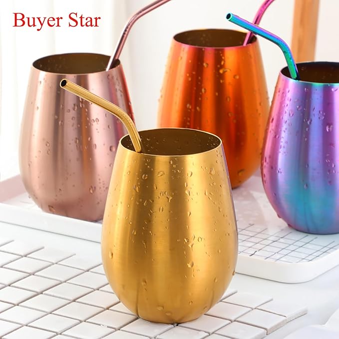 Buyer Star 304 Stainless Steel Wine Glasses Set of 4 - Large 17 oz Outdoor Stemless Wine Tumblers - 100% Unbreakable & Stemless Metal Drinking Cups for Home and Outdoors Dishwasher safe (Orange Red)