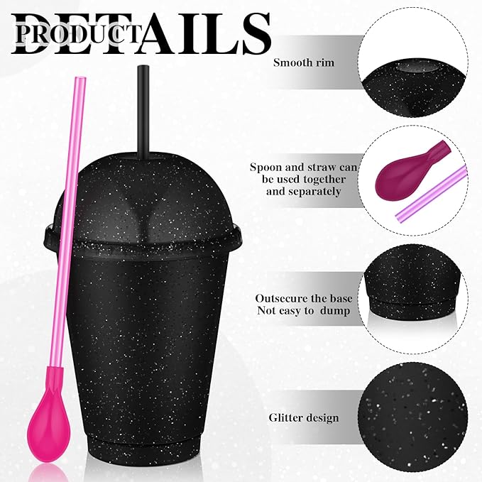 6 Set Slushie Cups with Dome Lids and Straws Detachable Spoon Straws Reusable Plastic Iced Coffee Cups Smoothie Tumbler for Birthdays Summer Party Supplies(Black,16 oz)