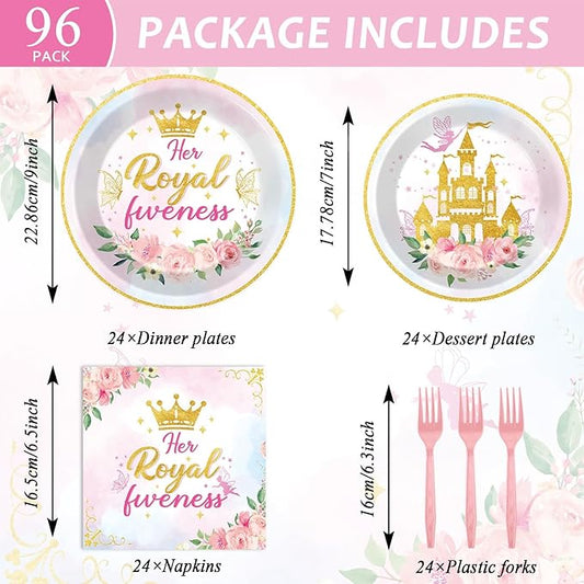 CHUNNIN 96Pcs Princess 5th Birthday Plates and Napkins Her Royal Fiveness Decorations Princess Party Dessert Plates Rainbow Castle Tableware for 24 Guests 5th Theme Girl Baby Shower Party Supplies