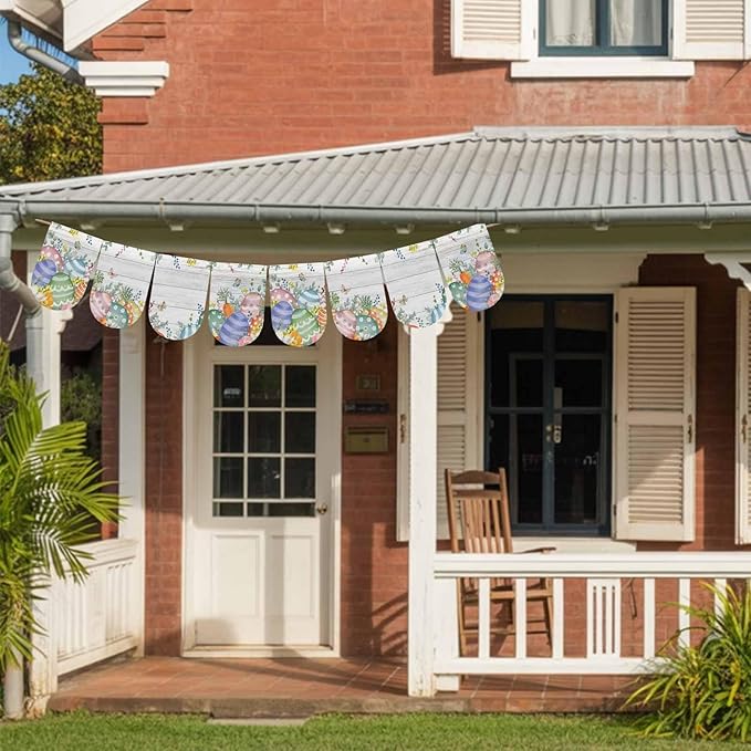 Easter Eggs Banner 4Pcs Indoor Outdoor Hanging Banner Flag Spring Flowers Eucalyptus Leaves Wooden Grain Sign for Fireplace Mantel Decorative Bunting Garland Valance for Shop Door Decor 7.9"x11.8"