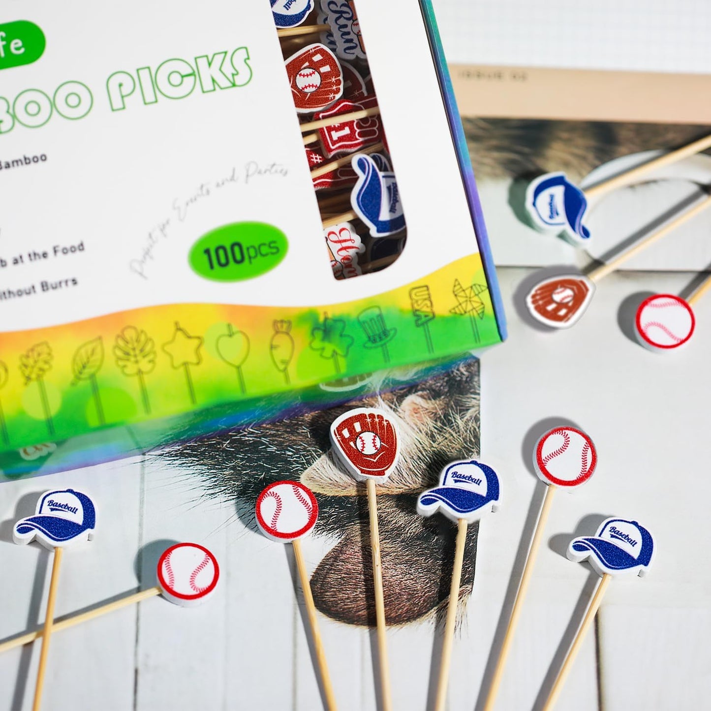 Baseball Cocktail Picks 5" Baseball End Decorative Toothpick Skewers Sticks for Appetizers Sandwich Food, Baseball Champions League Sports Catered Event Birthday Decorations Themed Party Supplies