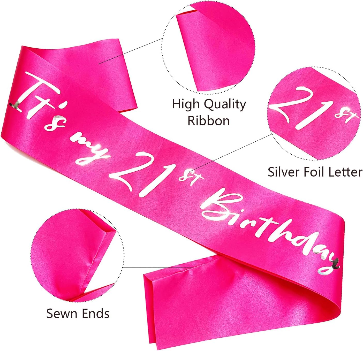 21st Birthday Sash, Hot Pink Satin Soft Sashes with Silver Foil Letter, Birthday Decorations for Girls, Happy 21st Birthday Party Favor Supplies,Pink Silver
