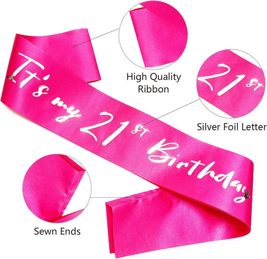 21st Birthday Sash, Hot Pink Satin Soft Sashes with Silver Foil Letter, Birthday Decorations for Girls, Happy 21st Birthday Party Favor Supplies,Pink Silver