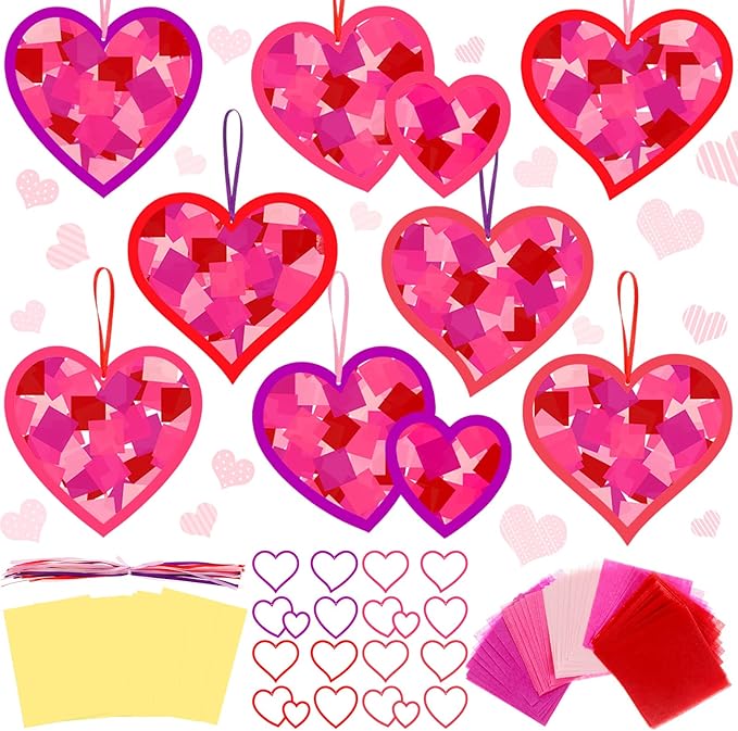 Motipuns 32 Sets Valentine Suncatchers Paper Craft Set DIY Heart Shaped Window Stained Glass Effect Paper Kit for Valentine Mother's Day Art Projects Party Favors (Classic Style)