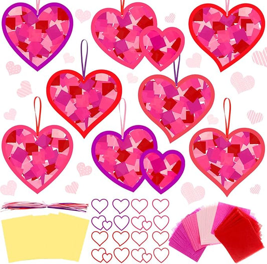 Motipuns 32 Sets Valentine Suncatchers Paper Craft Set DIY Heart Shaped Window Stained Glass Effect Paper Kit for Valentine Mother's Day Art Projects Party Favors (Classic Style)