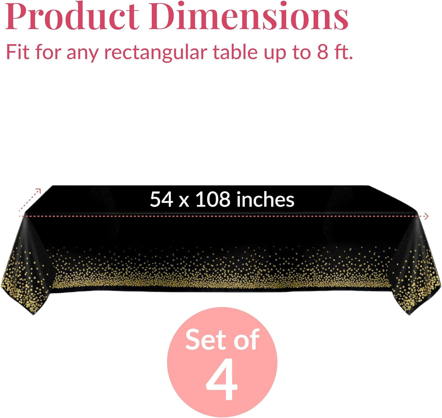 Prestee Gold and Black Table Cloth for Events - Pack of 4, 54 x 108 Inches - Disposable Table Cover, Ideal Black Tablecloths for Party Decorations, Dining, and Holiday Celebrations