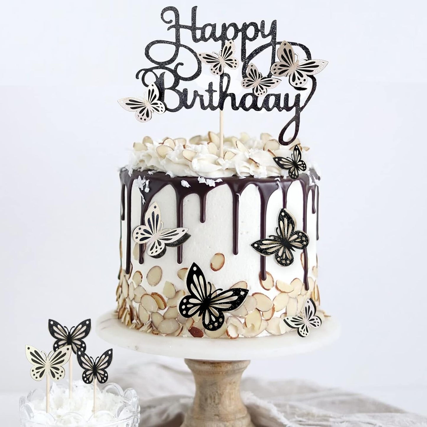 13-Piece Butterfly Cake Toppers - 3D Butterfly Cupcake Toppers for Girls & Women's Birthdays (Black & White)