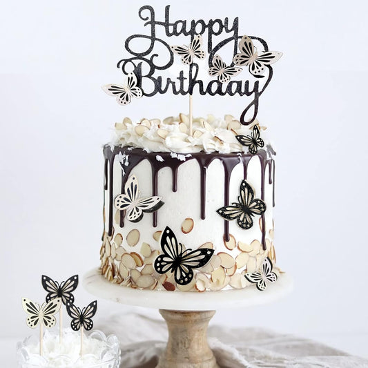 13-Piece Butterfly Cake Toppers - 3D Butterfly Cupcake Toppers for Girls & Women's Birthdays (Black & White)