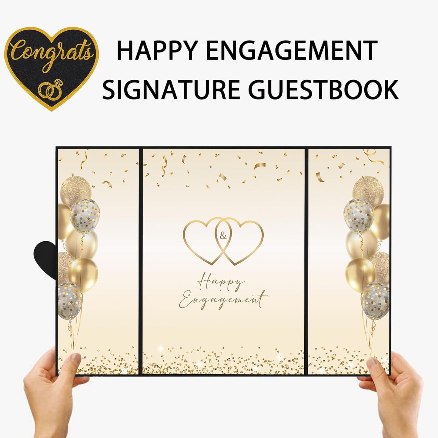 DARUNAXY Black Gold Engagement Party Decorations, Happy Engagement Alternative Signature Guest Book Just Engaged Gifts Almost Married Congratulations Engagement Signing Card Board Party Supplies