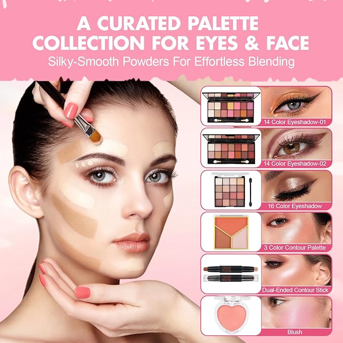 All in One Makeup Kit for Women Full Kit, Makeup Gift Set for Women Teen Girls, Makeup Essential Bundle Includes Foundation Eyeshadow Contour Palette Lipstick Eyeliner Mascara Cosmetic Brush Set