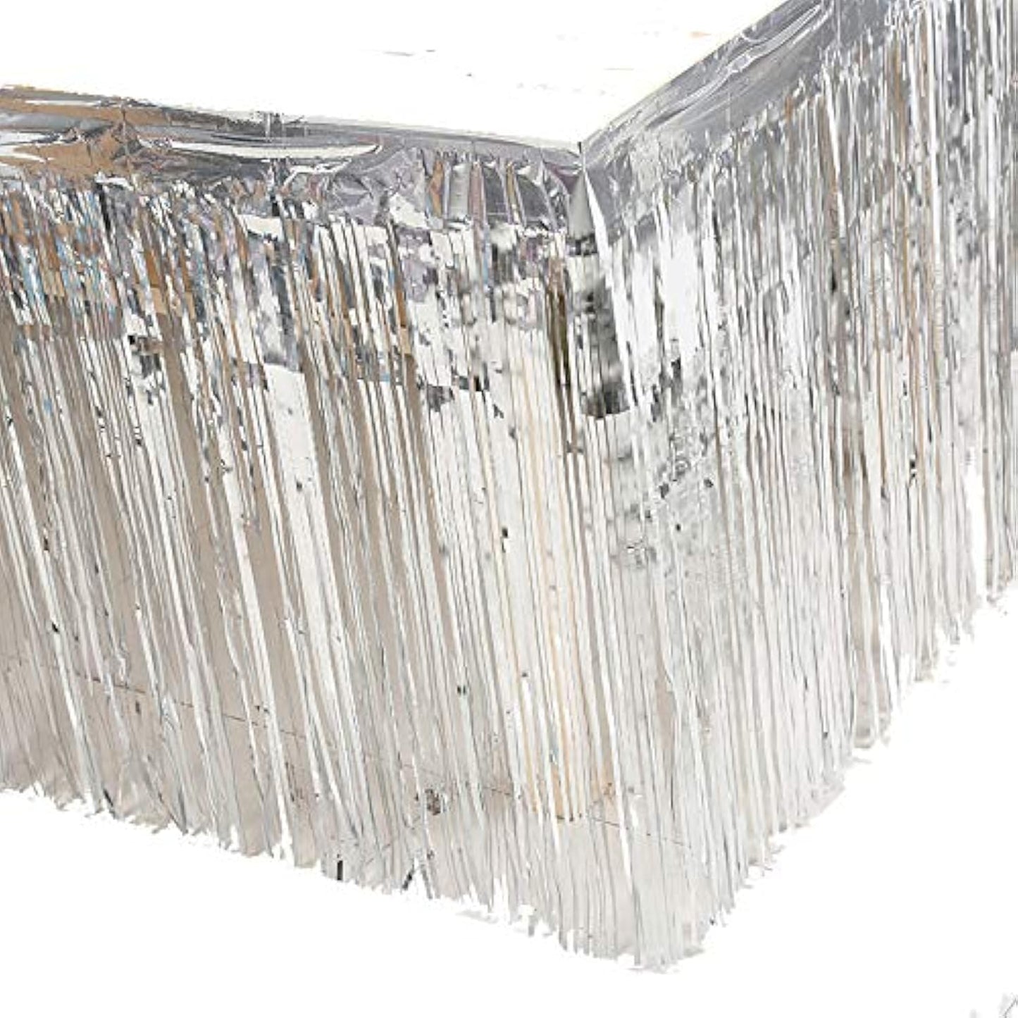 Set of 2 Metallic Foil Fringe Table Skirt 29x108 Inch Tinsel Disposable Skirting for Parade Floats Trailer, Mardi Gras Party, Birthday, Baby Shower, Wedding (Silver)