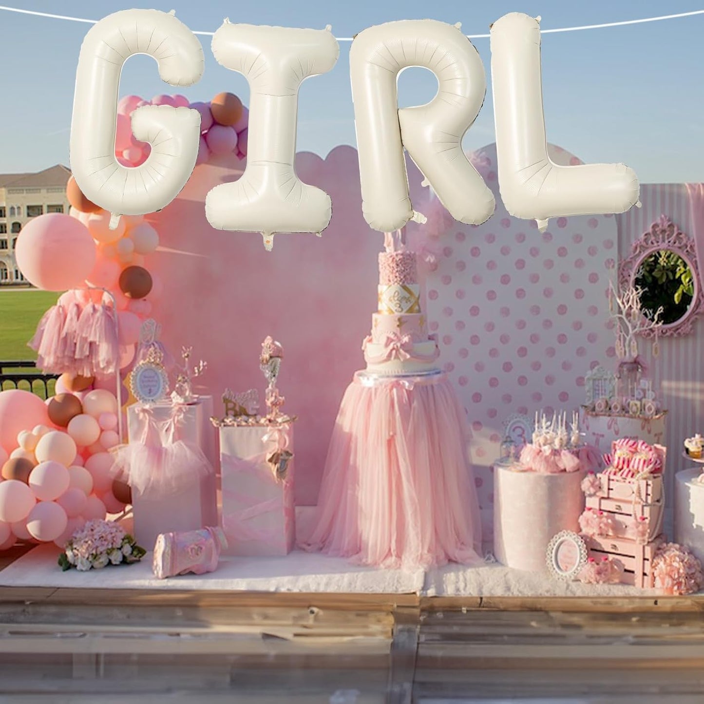 40 Inch Cream Girl Balloons, Large Beige Neutral Letters With Ribbon, Ivory White Sand for Her Birthday Baby Shower or Gender Reveal Party Decoration Supplies