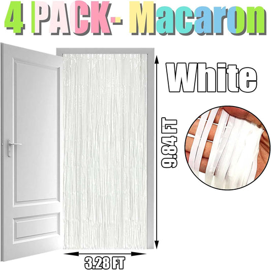 4 Pack White Foil Fringe Curtain Backdrop, 3.3Ft x 9.8Ft Metallic Tinsel Streamers Curtains for Photo Booth, Wedding, Thanksgiving, Birthday, Christmas Party Decoration, One Size
