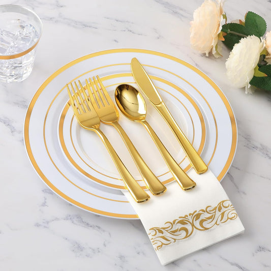 Goodluck 350 Piece Gold Dinnerware Set for 50 Guests, Plastic Plates Disposable for Party, Include: 50 Gold Rim Dinner Plates, 50 Dessert Plates, 50 Paper Napkins, 50 Cups, 50 Gold Silverware Set