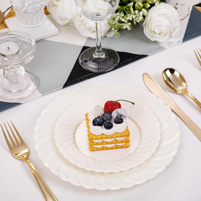 U-QE 100 Piece Ivory Scalloped Plastic Plates for Party - Plastic Plates Disposable Heavy Duty - High End Disposable Plates for Wedding Including 50PCS 9 '' Dinner Plates & 50PCS 6.5 '' Dessert Plates