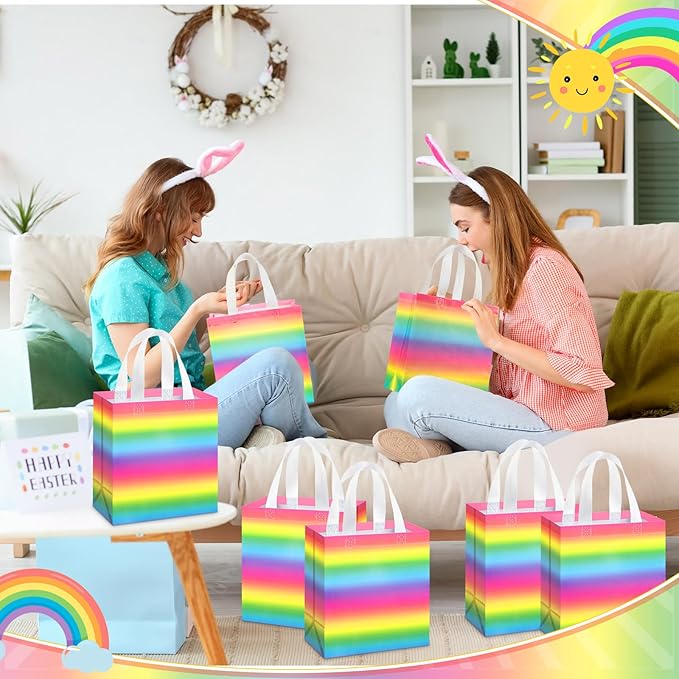 Sweetude 16 Pcs Pastel Gift Bags Pastel Rainbow Gift Bag with Handles Rainbow Party Favors Non Woven Reusable Tote for Women Wedding Birthday Baby Shower Mothers Day Party Decorations
