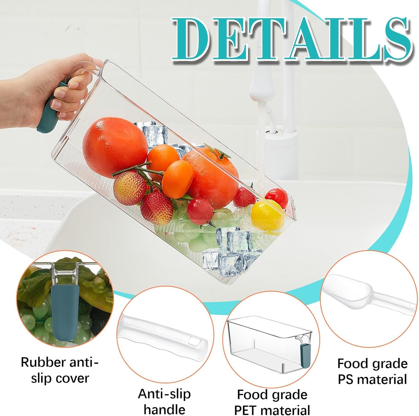 Havawish 2 Set Ice Bin and Flexible Scoop Set Plastic Freezer Ice Bin with Pull out Handle Clear Storage Bucket for Container with Bucket Scoop(Dark Blue,10.83 x 4.92 x 4.33 in)