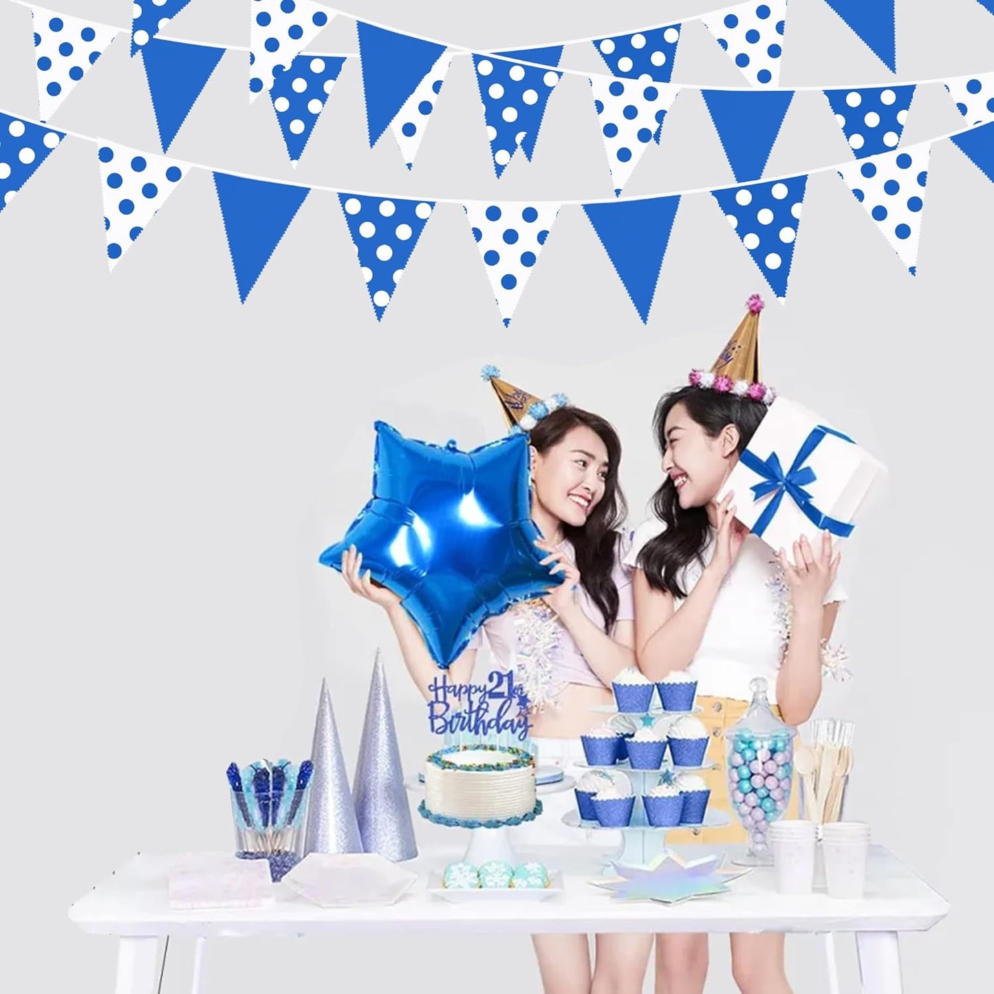 32Ft Deep Blue Party Decorations Blue White Fabric Polka Dot Triangle Banner Flag Pennant Bunting Garland Streamers for Picnic Racing Car BBQ Birthday Baby Shower Outdoor Garden Oktoberfest Decor