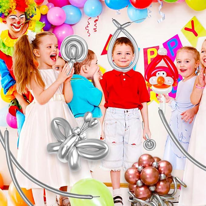 Silver Metallic 260 long Balloons 100 Pack Modeling Long Magic Balloons Shiny Latex DIY Animal Balloon for Birthday Wedding New Year Festival Party Decoration (Silver Twisting Balloons)