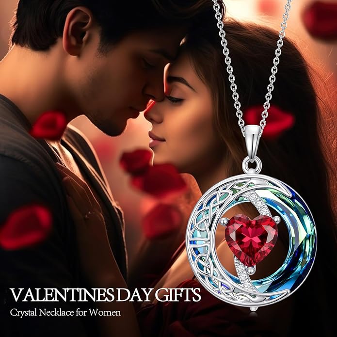 Valentines Day Gifts for Women, Birthstone Necklace for Women, Celtic Moon Pendant Blue Crystal Necklace Heart Jewelry Anniversary Jewelry Gift for Daughter Wife Mother Sister