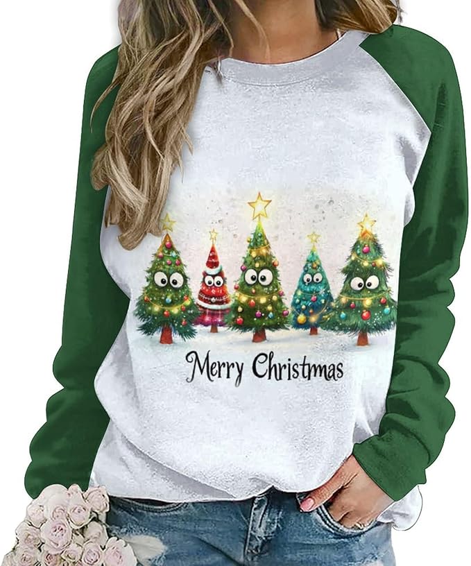 LOAIHA Christmas Sweatshirts for Women Christmas Tree Graphic Shirt Xmas Long Sleeve Merry Christmas Pullover Blouse