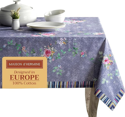 Maison d' Hermine Table Cloth Rectangle Table 100% Cotton 60 x 120 Inches Tablecloth Reusable Decorative for Dining Room Valentines Day Decorations Spring Summer - Sweet Rose Lavender - Country Garden