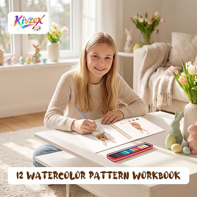 Kivzex Easter Watercolor Workbook for Adults, Beginner Friendly Watercolor Painting Kit Bunny Eggs Water Coloring Book, Nature-Themed Practice Art Gift Water Color Paint Book with Palette and Brush