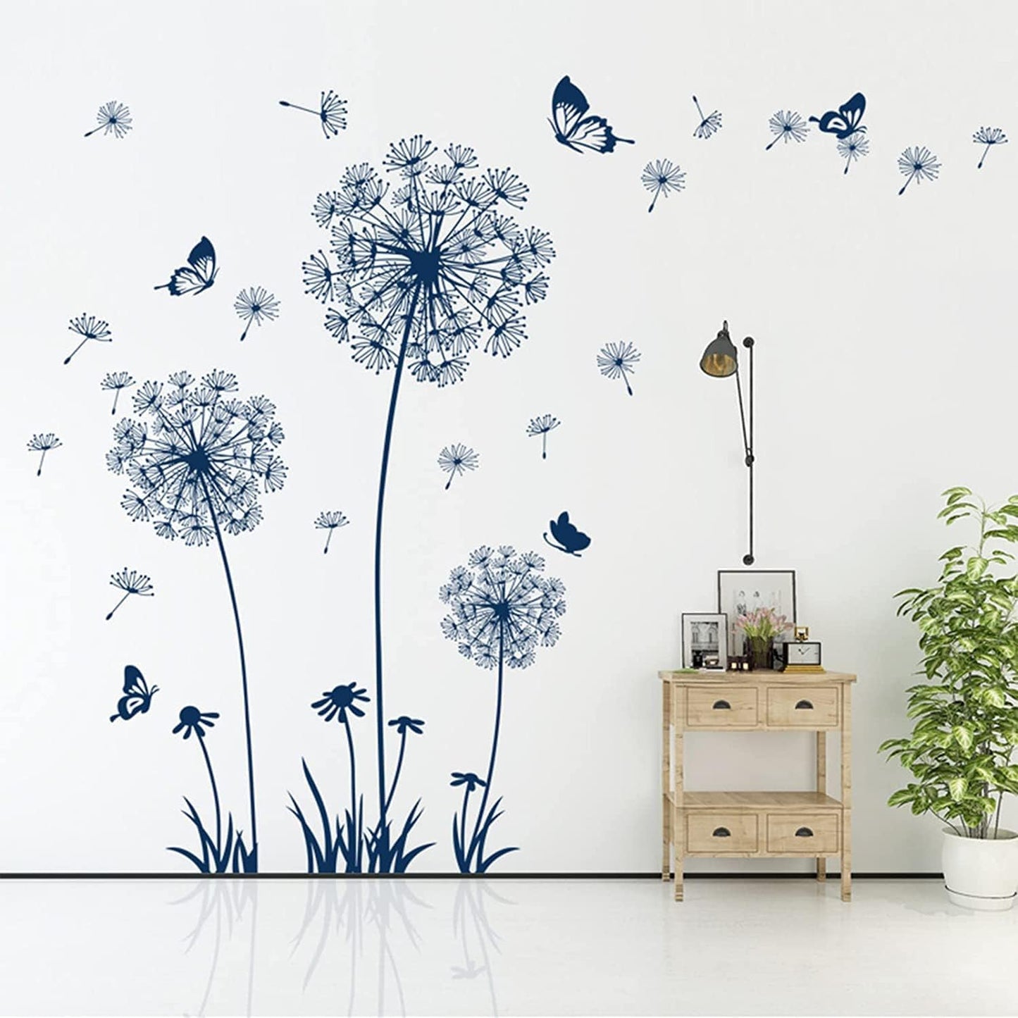 2 Set Dandelion Wall Decals Peel and Stick Blue Dandelion Wall Stickers Large Floral Wall Stickers & Murals Flower Wall Decals for Living Room Bedroom Bathroom Restroom Roommates Vinyl Wall Art