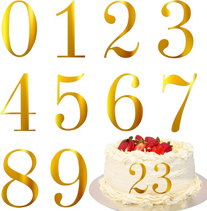 Rsstarxi 10 Pack 0-9 Numbers Cake Topper Mirrored Acrylic Numbers DIY Cake Pick for Baby Shower Wedding Birthday Anniversary Party Cake Decorations Supplies Gold