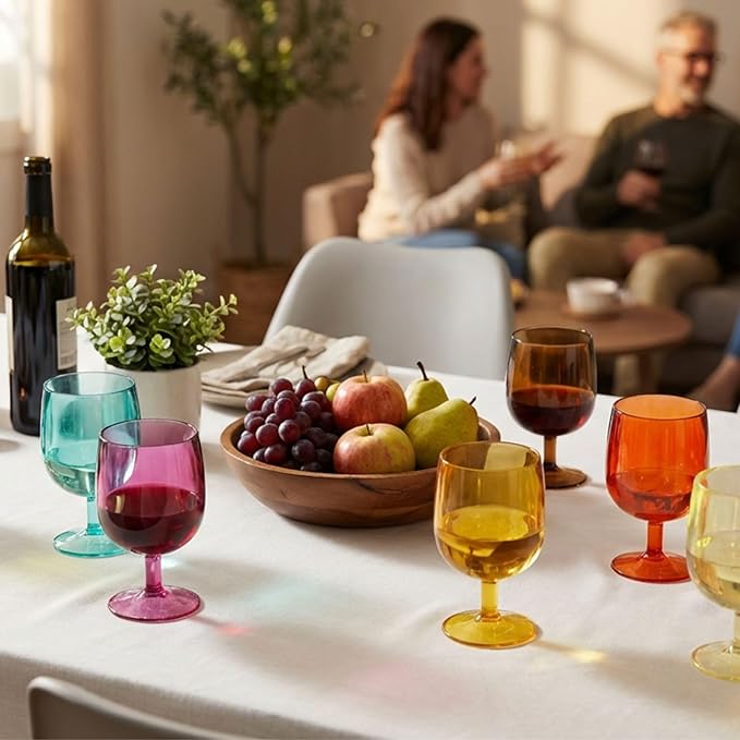 8.5 oz Plastic Stem Wine Glasses, Colored Stackable Acrylic Goblets, Reusable Drinking Cup for Kids, BPA-Free, Dishwasher Safe Tumblers for party (Set of 8, Gift Box)