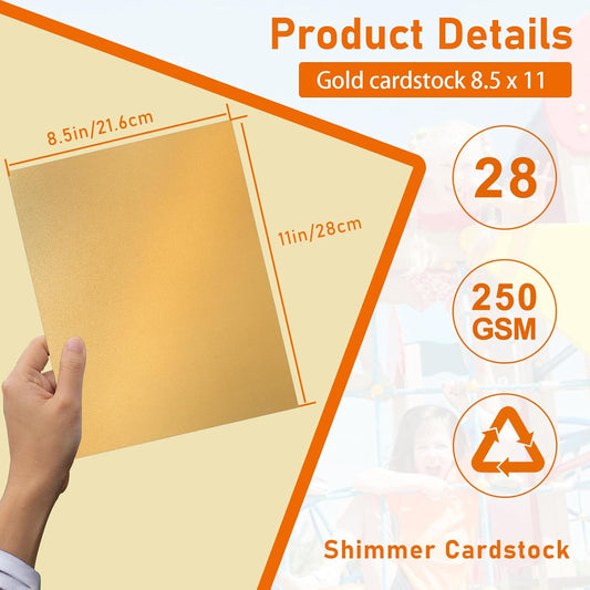 28 Sheets Gold Shimmer Cardstock 8.5 x 11 Metallic Paper, 92lb Heavyweight Craft Paper Card Stock for Wedding Invitations, Greeting Cards, Making Cards, Anniversaries, Graduations
