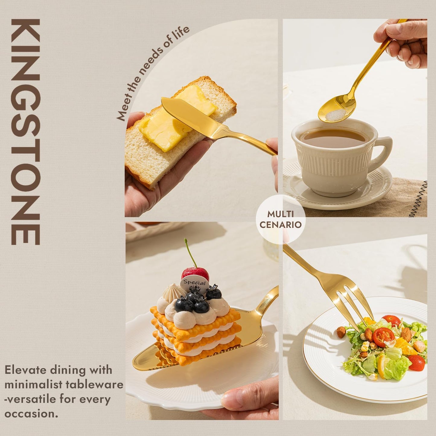 KINGSTONE Large Hostess Gold Serving Utensils Set, 18/10 Stainless Steel -10 inch Serving Spoons, Slotted Spoons, Forks, Tongs, Cake Pie Server, Butter Knife, Sugar spoon for Buffet, Wedding, Party