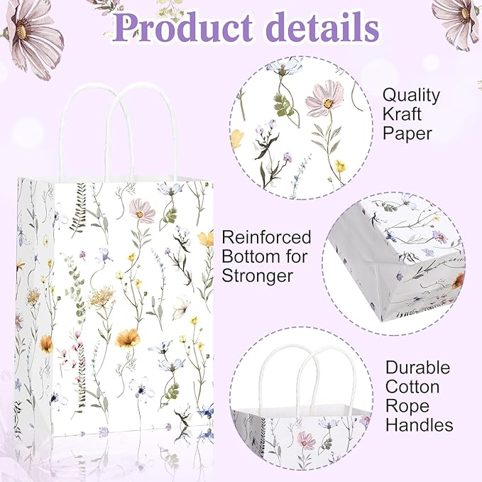 Marspark 24 Pcs Wildflower Paper Gift Bags for Wedding Bridal Baby Shower Engagement Birthday Party Supplies Floral Treat Bag with Handles Candy Goodie Bags for Guests, 8.3'' x 5.9'' x 3.1''