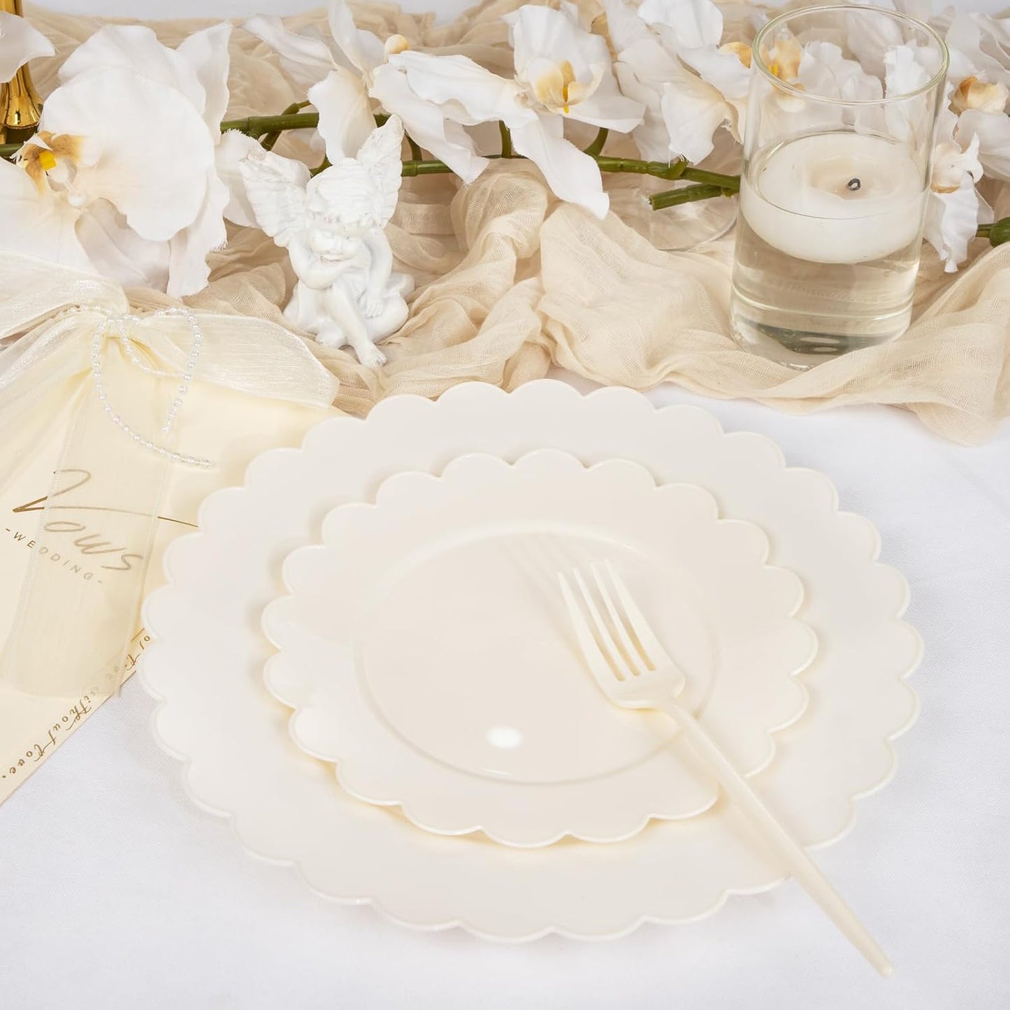 supernal 100pcs Ivory Plastic Plates Fancy Disposable Scalloped Plates for Party Heavy Duty for Party,Wedding,Brthdays Bridal Shower Plate Include 50 Plastic Dinner & Dessert Plate
