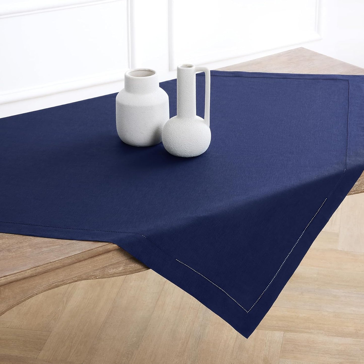 Solino Home Navy Blue Linen Tablecloth 52 x 52 Inch - 100% Pure Linen Square Table Throw - Classic Hemstitch, Machine Washable Table Cloth for Fall, Autumn, Thanksgiving, Christmas, Holiday