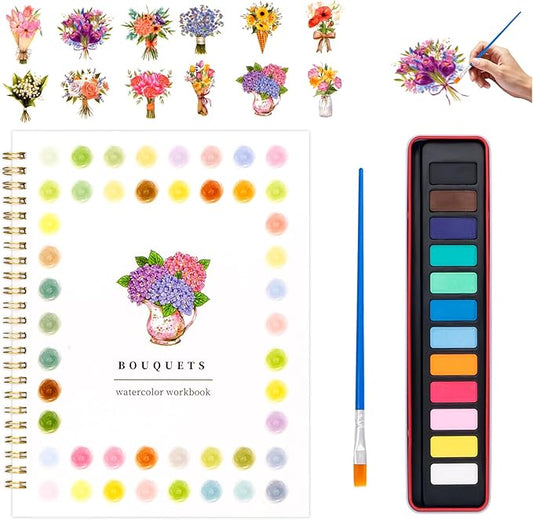 Kivzex Watercolor Workbook for Adults, Beginner Friendly Watercolor Painting Kit Bouquet Water Coloring Book, Nature-Themed Practice Art Gift Water Color Paint Book with Palette and Brush