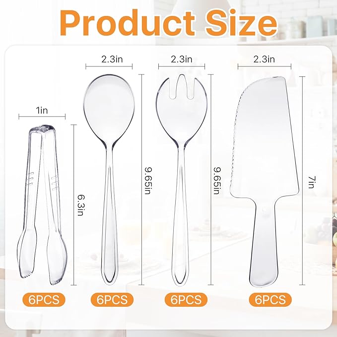 Boocalny 24 Pcs Plastic Serving Utensils, Clear Disposable Utensils,6 Pcs Each 9.7" Serving Spoons, 9.7" Forks, 6.3" Tongs and 7" Cake Cutter,Plastic Buffet Cutlery Set for Serving Food Birthday Party