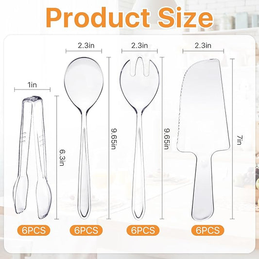 Boocalny 24 Pcs Plastic Serving Utensils, Clear Disposable Utensils,6 Pcs Each 9.7" Serving Spoons, 9.7" Forks, 6.3" Tongs and 7" Cake Cutter,Plastic Buffet Cutlery Set for Serving Food Birthday Party