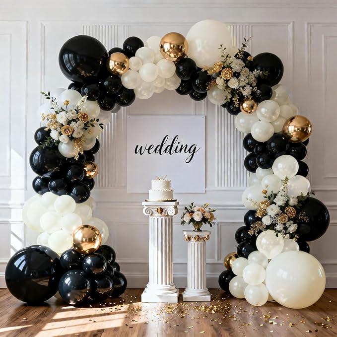 Black and Gold Balloon Arch Kit, Double Stuffed 129 Pcs Gold and Black Balloons Garland with Black Pearl White Sand Ivory Chrome Gold Balloons for Wedding Birthday Event New Year's Party Decoration